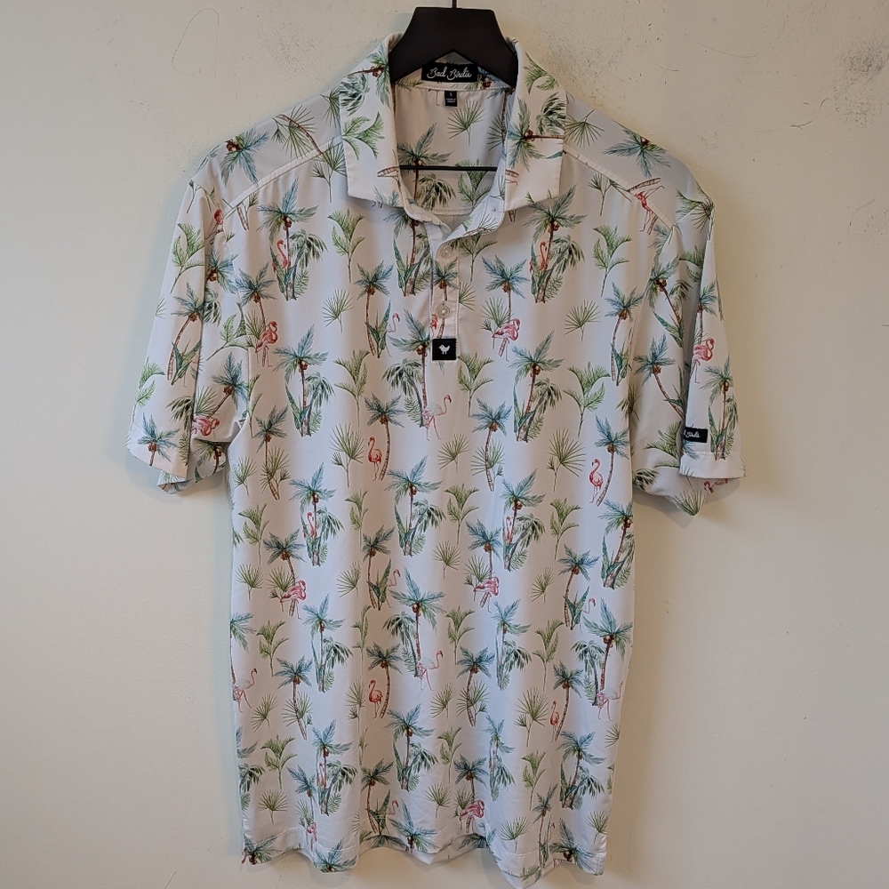 Bad Birdie Men's Floral Flamingo Geometric Print Golf Polo Athletic Shirt Large